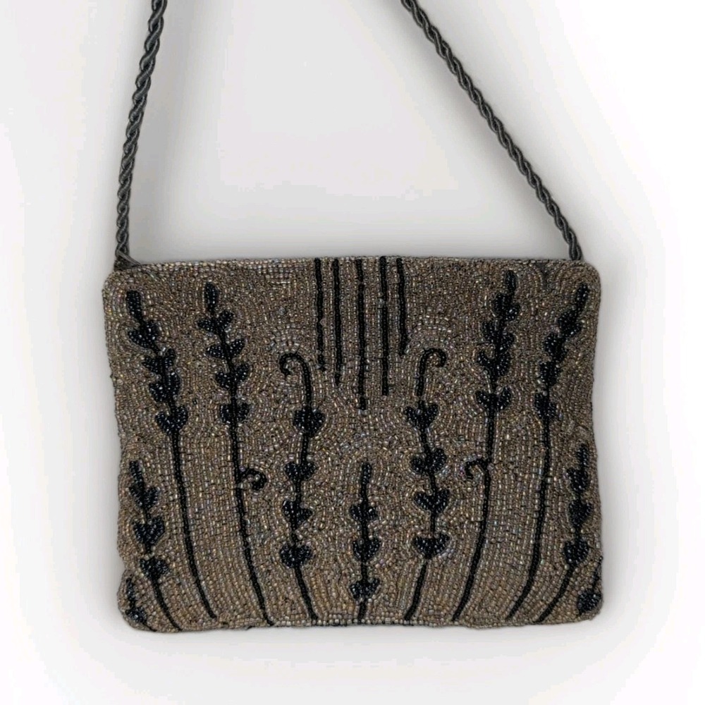 Fabulous Vintage Hand Beaded Purse Evening Bag Satin Lined Rope  Strap Beautiful